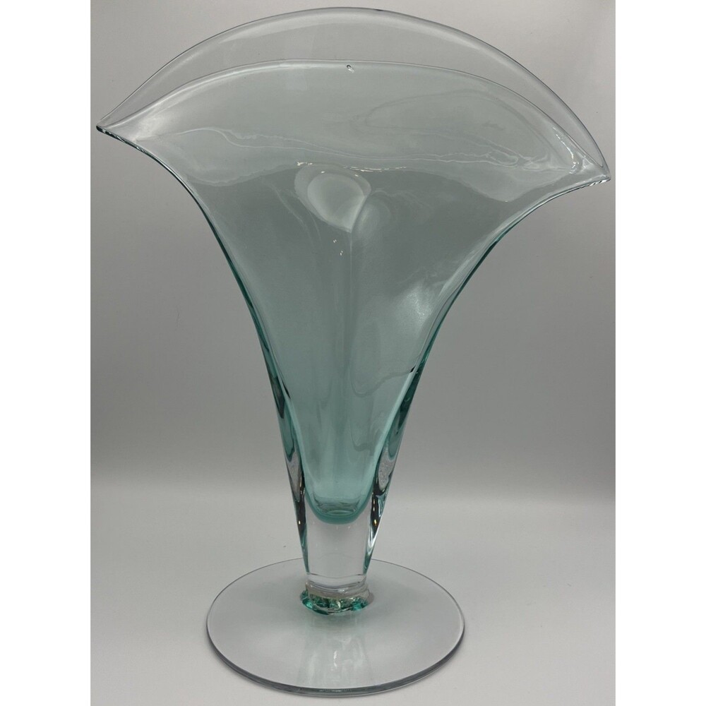 Blenko Glass Fan Vase Green with Clear Base Vintage 11.5 x 10 very unique